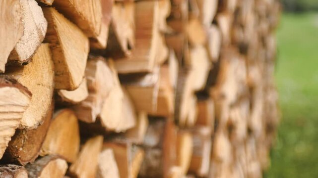 Close-up of neatly stacked firewood outdoors with a focus pull shifting perspective. Natural lighting and soft depth of field create a peaceful rustic atmosphere.