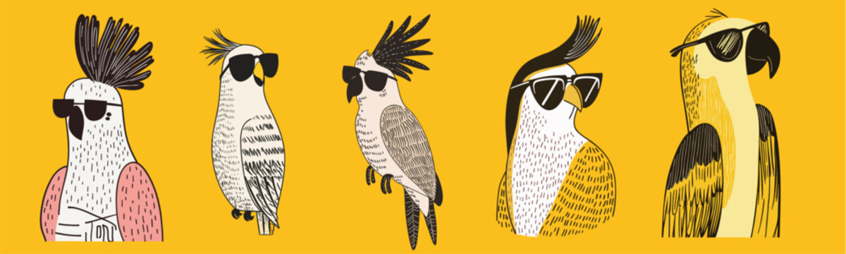 illustration set of cool summer parrots wearing sunglasses