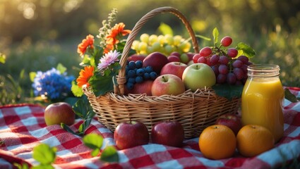 Nature outdoor picnic with food in a basket for a relaxing picnic experience