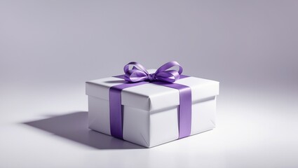 Obraz premium Single white box wrapped with shiny purple bow on background