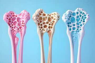 Osteoporosis bone density loss stages illustration, healthy to brittle femur cross sections, medical comparison concept, aging skeletal disease, anatomical cutaway, 3D render on blue background