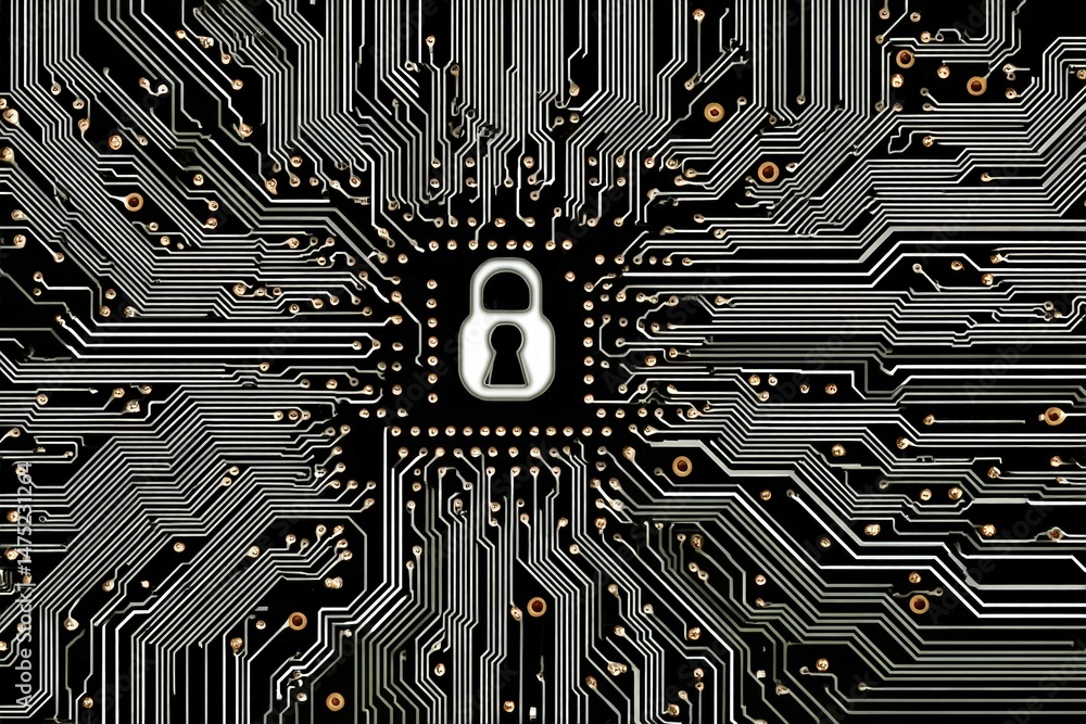 Poster a digital padlock icon at the center of a circuit board, representing cybersecurity and data protect