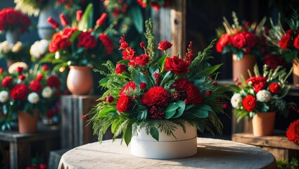 Fototapeta premium Tabletop festive floral arrangement with blooms and greenery in a box