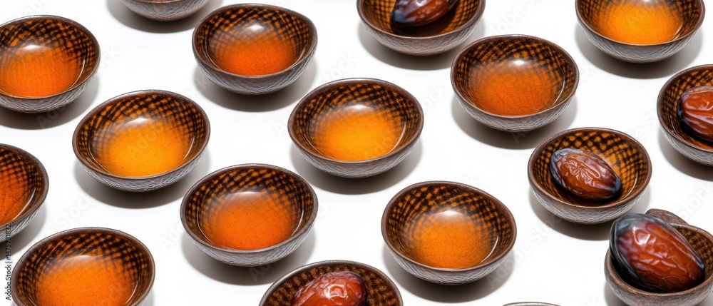 Poster array of ceramic bowls with dates on white background overhead flat lay studio shot for food photogr