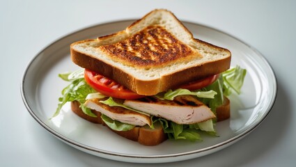 Healthy Club Sandwich with Toasted Bread, Grilled Chicken, Cheese, and Tomato