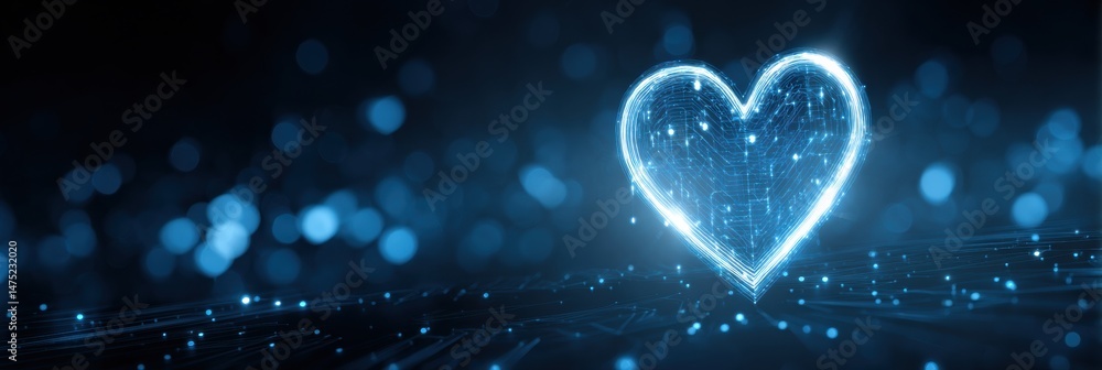 Aufkleber bright clean heart icon glowing over a digital abstract background filled with blue lights and vibra
