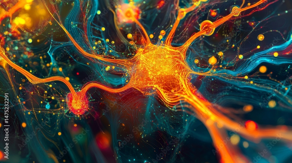 Poster neural network visualization digital realm abstract art vibrant colors close-up concept of connectiv