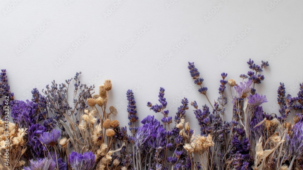 Poster overhead view of dried lavender and flowers on white background creating a border with copy space fo