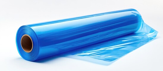 Rolled blue transparent plastic film sheet.