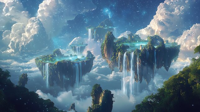 Ethereal floating islands glowing in starlight high resolution picture