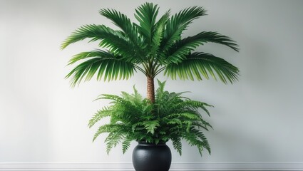 Black pot with green fern and palm tree vase on white background