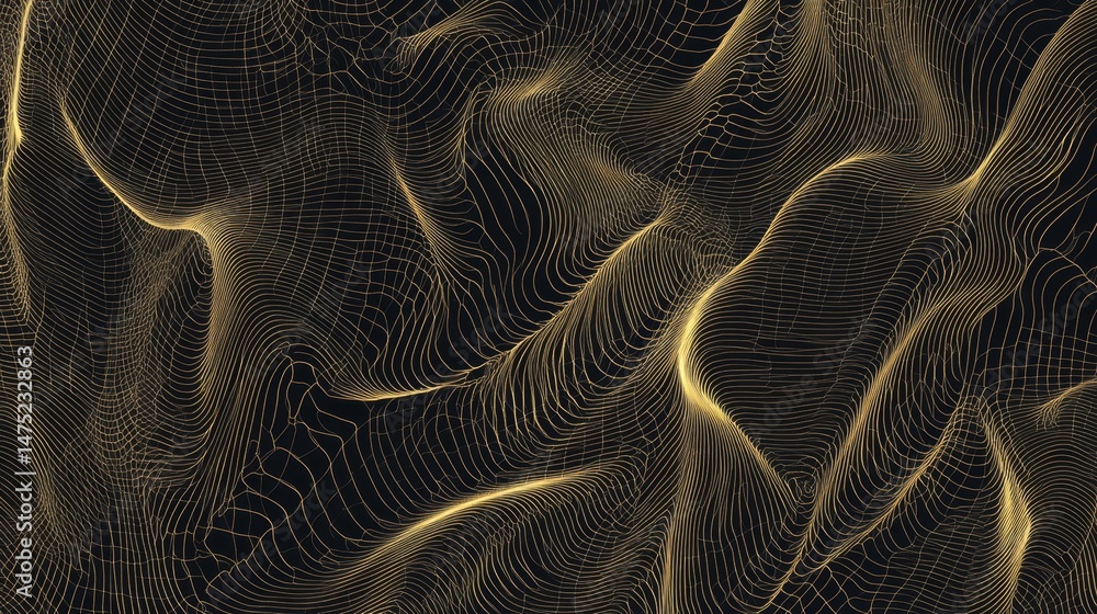 Poster dynamic golden wave patterns abstract digital art motion graphics studio environment high angle view