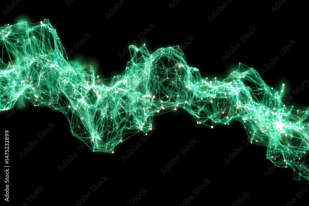 Poster abstract green digital network lines and nodes form a glowing, flowing wave on a black background.