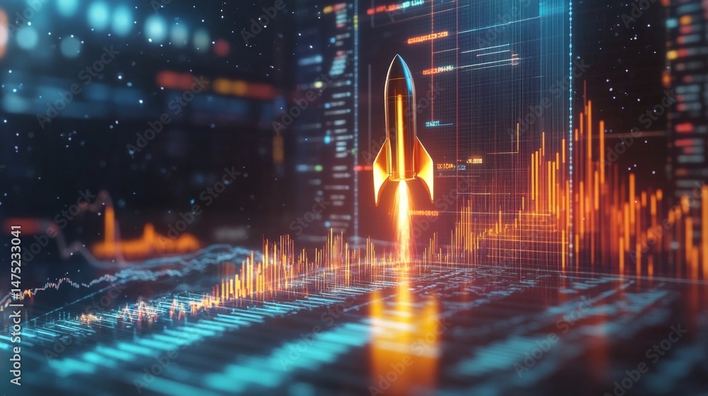 Poster rocket launch simulation digital space 3d animation futuristic environment dynamic perspective innov