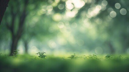 Green bokeh abstract background derived from trees, panoramic design