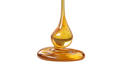 A drop of golden honey, viscous and translucent, forming a perfect bead, isolated on white, dynamic macro shot.