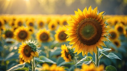 Bright sunflower scene with a blurred sunny nature background, emphasizing summer farming, organic produce, and harvest of oilseed crops