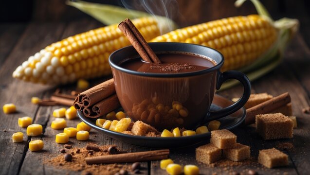 Hot Spicy Corn and Cacao Beverage with Cinnamon - Classic Latin American Dessert Drink