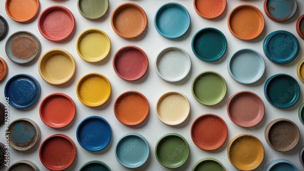 Poster extensive array of handmade clay pottery with colorful, stained, and glossy circular elements on whi