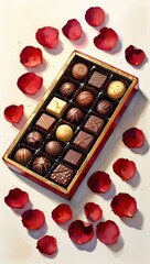 Assorted chocolate box with rose petals. Elegant box of assorted chocolates surrounded by red rose petals — ideal for Valentine’s Day, romantic gifts, or anniversaries.