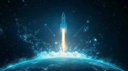 Naklejka premium Rocket launch event earth orbit digital art cosmic environment aerial view space exploration concept