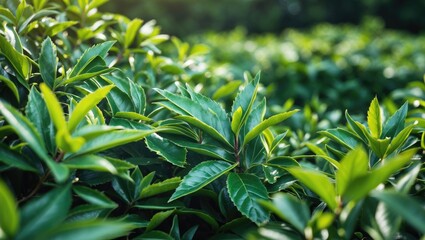 Fototapeta premium Fresh young green tea leaves in a field on a sunny summer morning