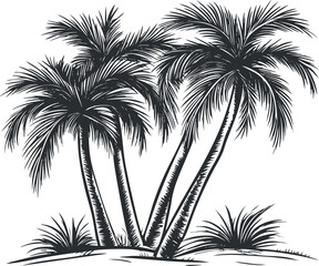 Black and white illustration of tropical palm trees on a small island with detailed leaves and trunks.
