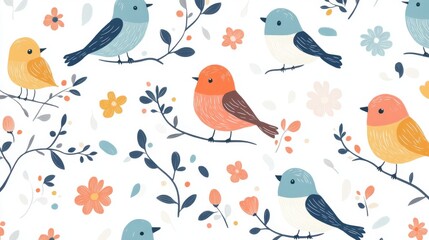 Fototapeta premium Colorful birds on branches pattern nature scene digital illustration whimsical design aesthetic viewpoint art concept for kids