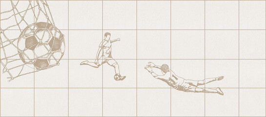 Hand-Drawn Football Player Kicking Ball Towards Goalkeeper, Retro Sport Art for Prints and Decor  © csinie1