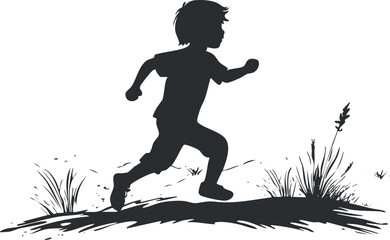 Silhouette of a boy running outdoors on grassy terrain with plants and natural background