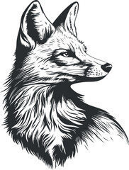 Black and white detailed illustration of a fox head in profile showing fur texture and alert expression