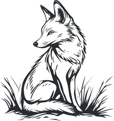 Black and white line art illustration of a fox sitting in grass looking to the side