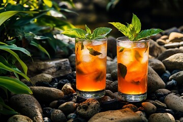 Iced Beverages, Tropical Garden Setting, Refreshing Drinks, Outdoor Enjoyment
