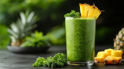 Refreshing green smoothie with pineapple garnish, blending fruits and vegetables for a vibrant, healthy drink
