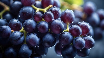 Fresh ripe blue grapes with water droplets on a textured background