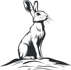 Black and white illustration of a rabbit sitting on a rock showing detailed fur and whiskers