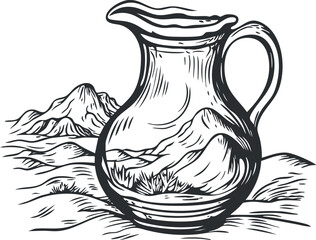Black and white hand drawn illustration of a mountain landscape reflected inside a glass jug pitcher with handle
