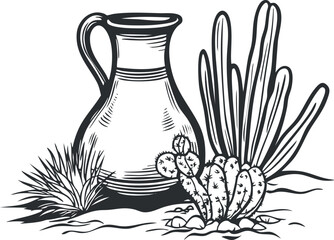 Black and white illustration of a jug surrounded by desert plants including cactus and succulents in dry soil