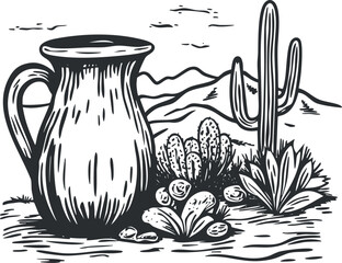 Black and white illustration of a ceramic jug placed in a desert landscape with cacti and mountains