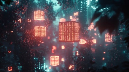 Naklejka premium Illuminated floating cubes in a digital forest enigmatic scene surreal atmosphere photography fantasy concept