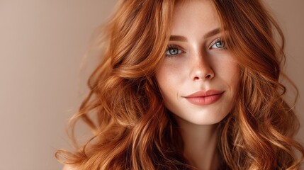 Fototapeta premium A young woman with vibrant red hair and captivating blue eyes poses gracefully against a neutral backdrop. Her wavy locks cascade around her face, highlighting her delicate features