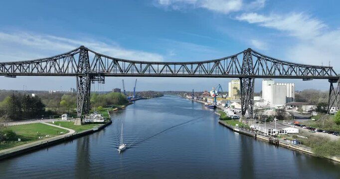 The Rendsburg High Bridge, shipping route, Kiel canal, passage way between the East sea and north sea. Transportation of ships, Water way infrastrucutre, global trade, shipping.