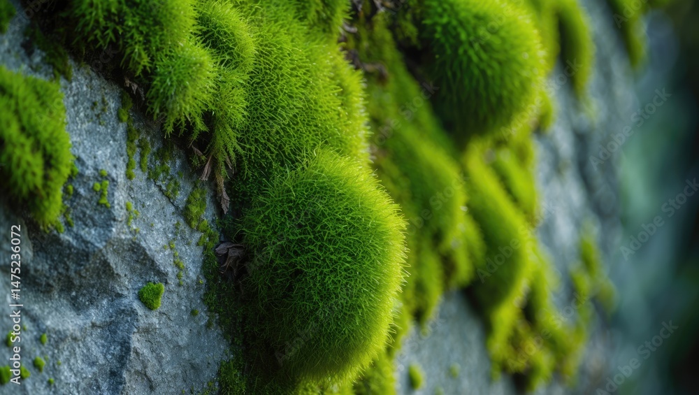 Poster macro image of lush moss and algae on a weathered wall
