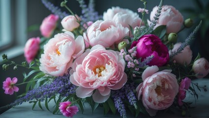 Beautiful bouquet of pink shades including peony roses, lavender, and spikelets, evoking love and romance in a garden atmosphere