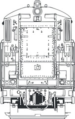 Black and white outline illustration of the front view of a locomotive train engine showing mechanical details