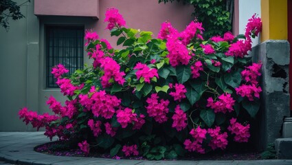 Fototapeta premium Climbing plant bougainvillea adorned with pink flowers. Ivy and Bridal Veil flourish with pink flowers on the streets.