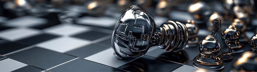 Close-up of metallic chess king on board.