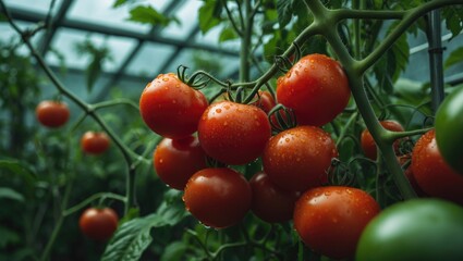Organic farming of ripe tomatoes in a greenhouse setting for healthy food