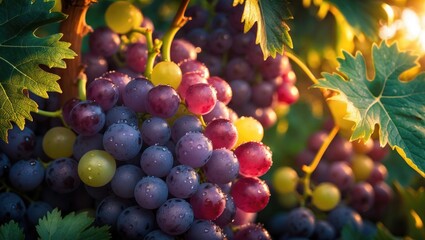 Obraz premium Macro image of grape clusters on the vine during harvest season with vibrant colors