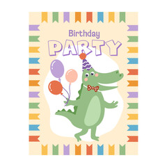  Cute party invitation safari animals template. Colorful and minimalist. Hand-drawn vector illustration in flat style.